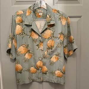Vintage Tommy Bahama Pineapple Print Silk Shirt - Sage Green with Golden Yellow